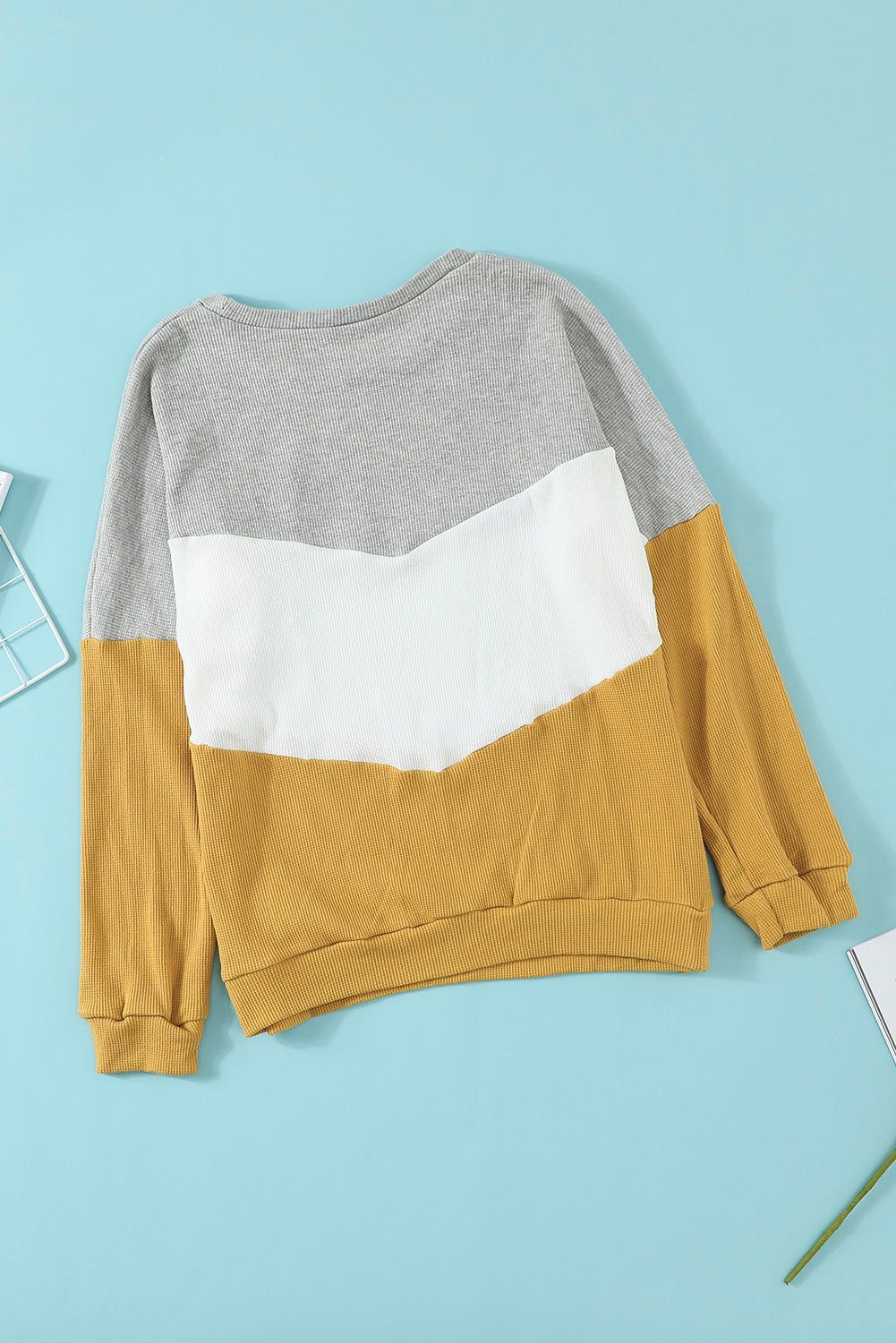 Yellow Chevron Waffle Colorblock Pullover Sweatshirt