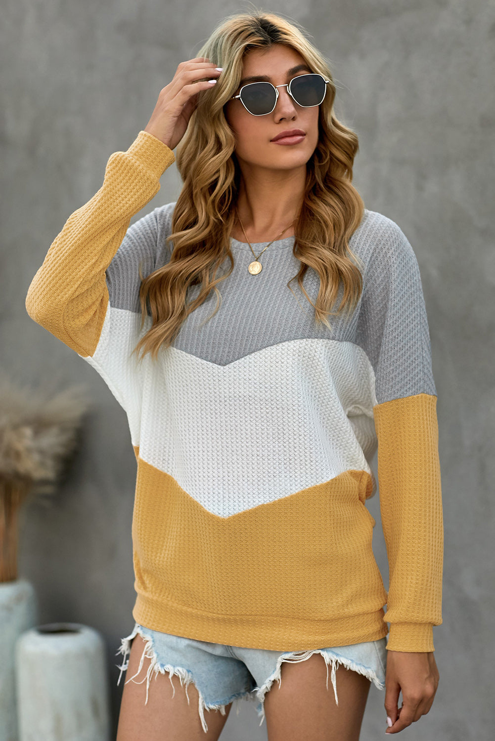 Yellow Chevron Waffle Colorblock Pullover Sweatshirt