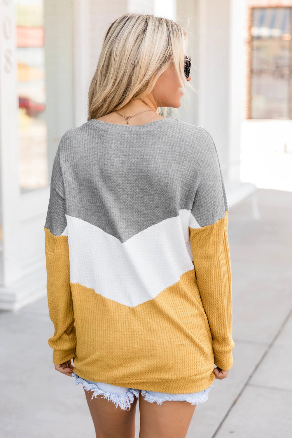 Yellow Chevron Waffle Colorblock Pullover Sweatshirt