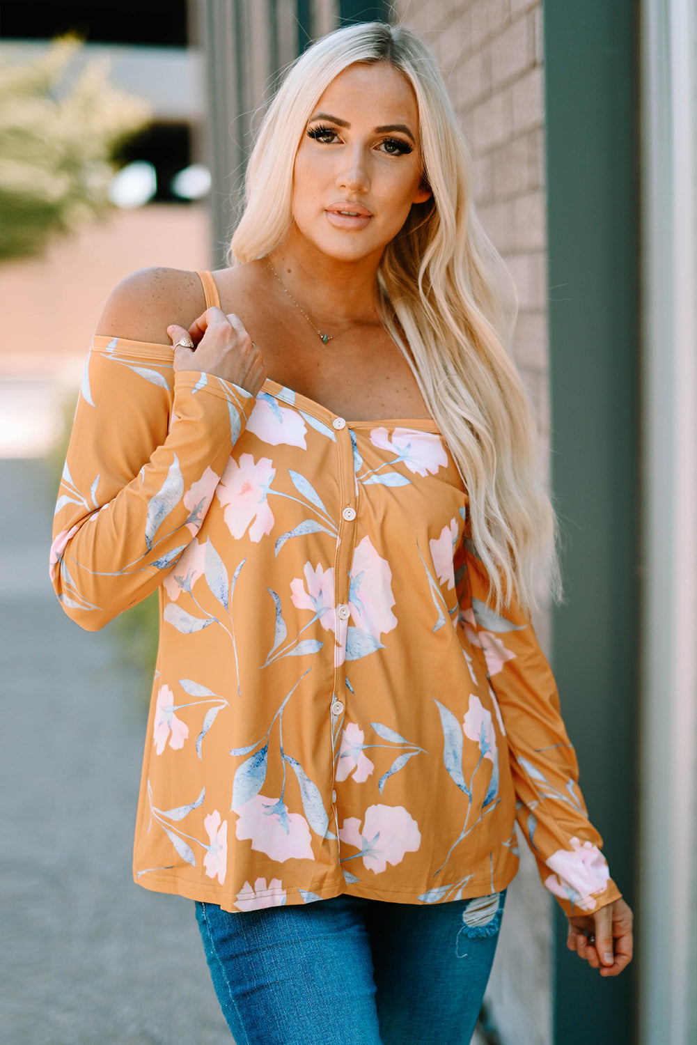 Yellow Cold Shoulder Long Sleeve Floral Top