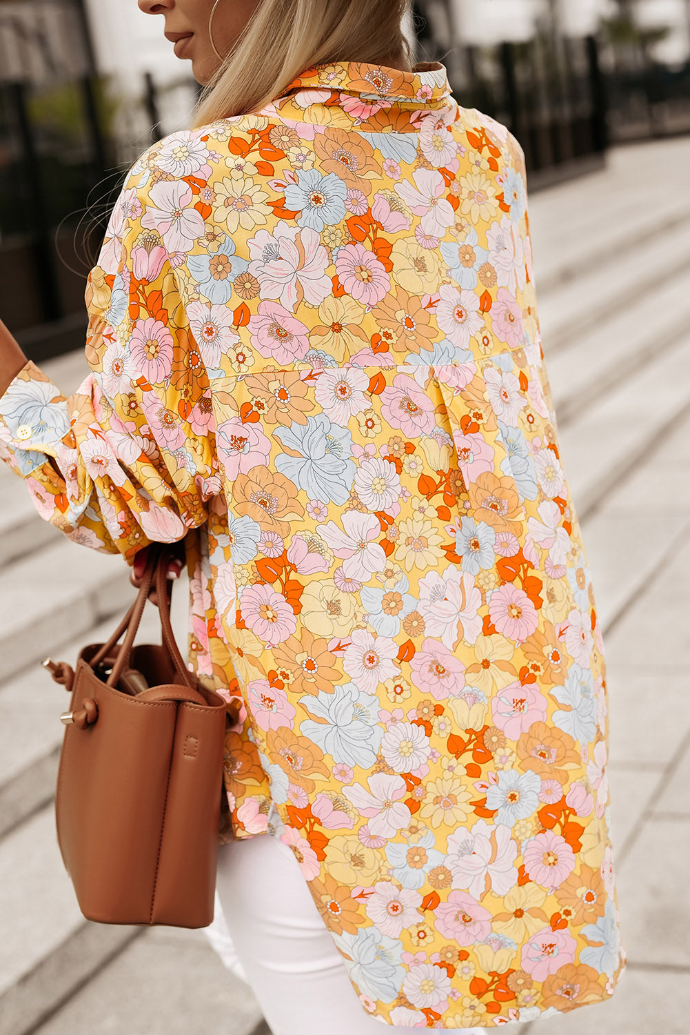 Yellow Floral Print Turn Down Collar Loose Shirt