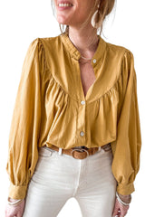 Yellow Puff Sleeve Pleated Loose Shirt