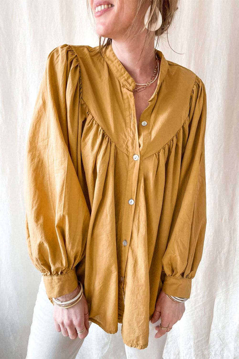 Yellow Puff Sleeve Pleated Loose Shirt