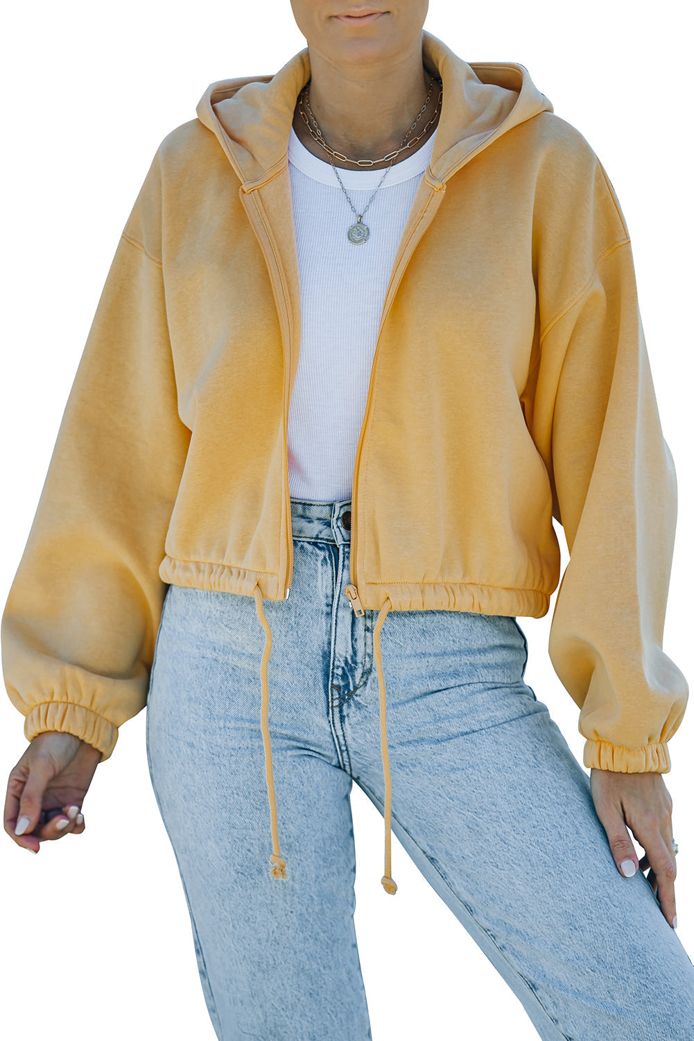 Yellow Zip Closure Drawstring Cinched Cropped Hoodie