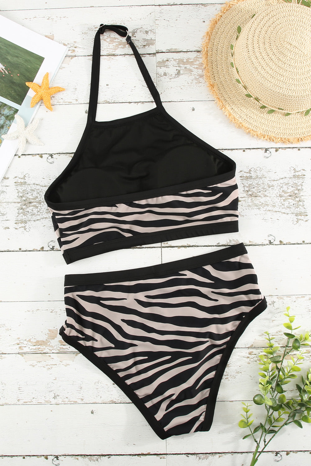 Zebra Print Sleeveless Halter Neck Bikini Swimwear