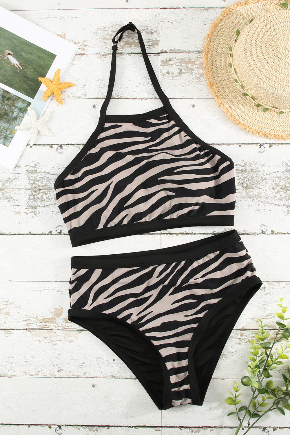 Zebra Print Sleeveless Halter Neck Bikini Swimwear