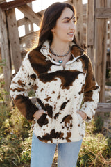 Zip Collar Cow Print Fleece Sweatshirt