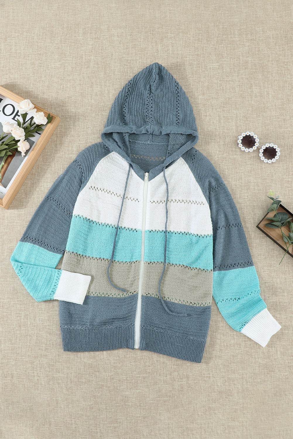 Zipped Front Colorblock Hollow-Out Knit Hoodie