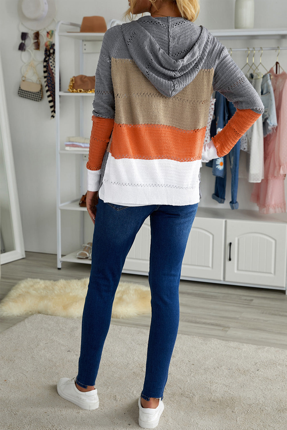 Zipped Front Colorblock Hollow-Out Knit Hoodie