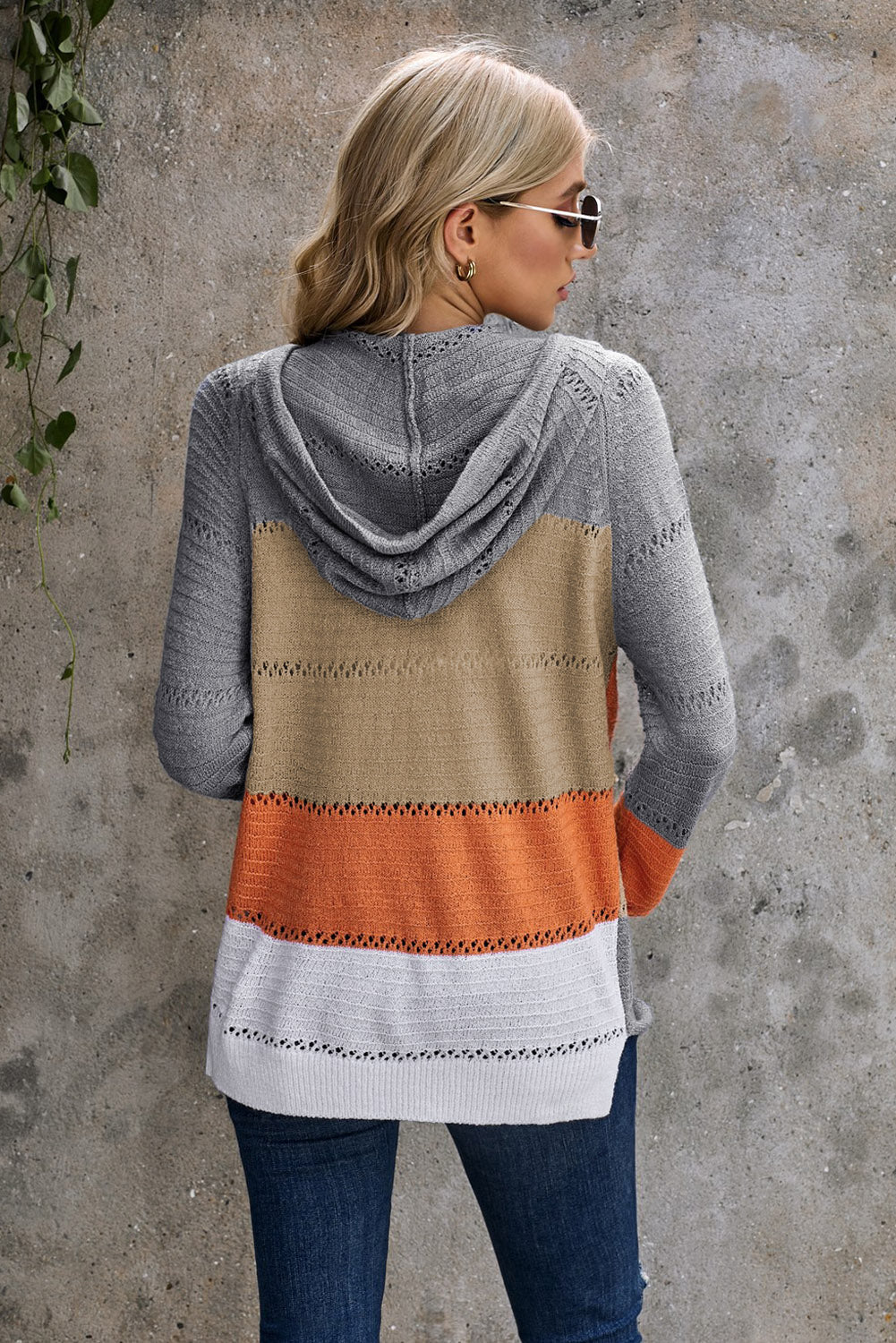 Zipped Front Colorblock Hollow-Out Knit Hoodie