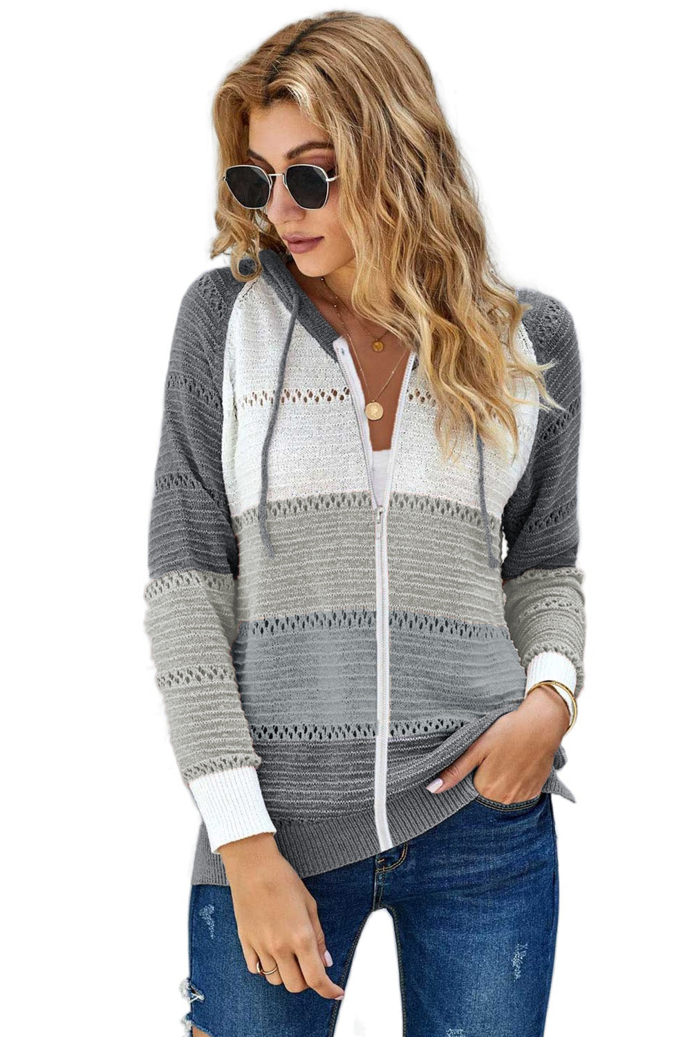 Zipped Front Colorblock Hollow-Out Knit Hoodie