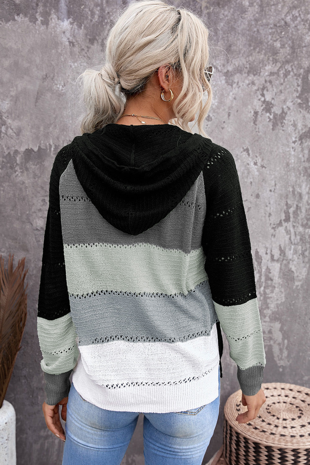 Zipped Front Colorblock Hollow-Out Knit Hoodie