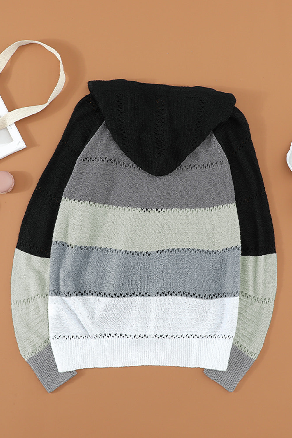 Zipped Front Colorblock Hollow-Out Knit Hoodie