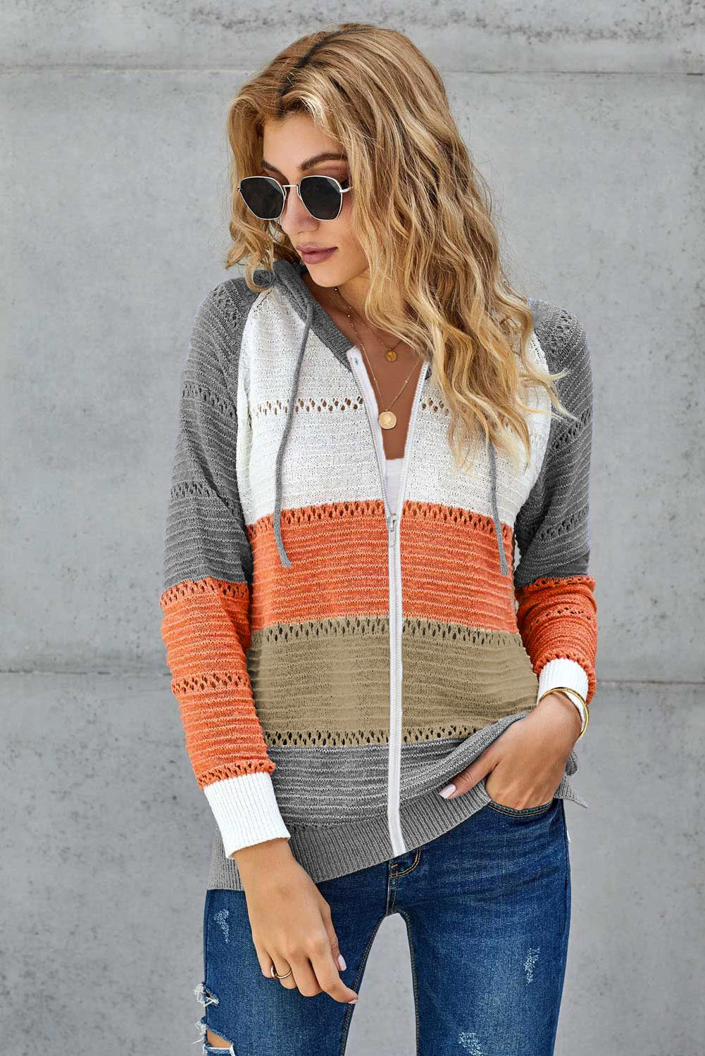 Zipped Front Colorblock Hollow-Out Knit Hoodie