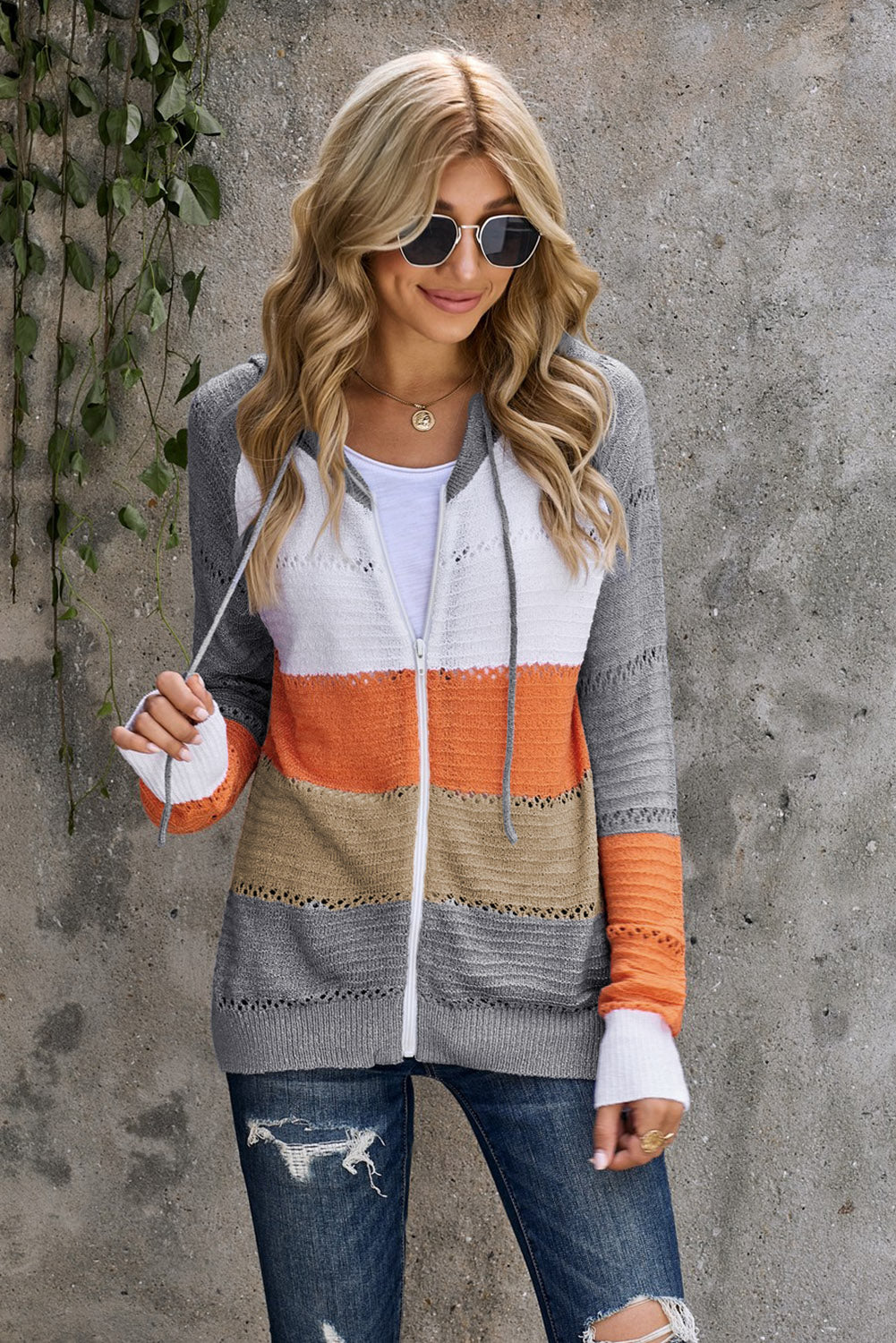 Zipped Front Colorblock Hollow-Out Knit Hoodie