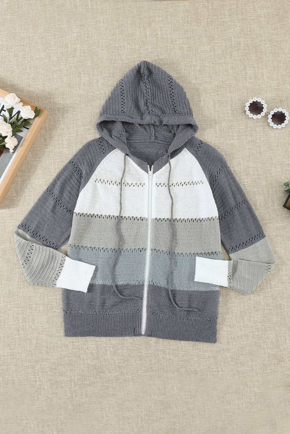 Zipped Front Colorblock Hollow-Out Knit Hoodie