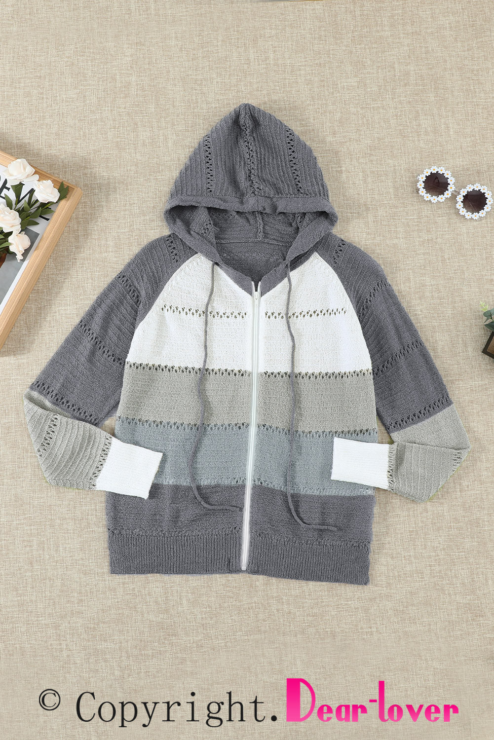 Zipped Front Colorblock Hollow-Out Knit Hoodie