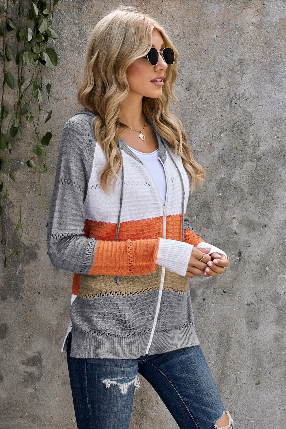 Zipped Front Colorblock Hollow-Out Knit Hoodie