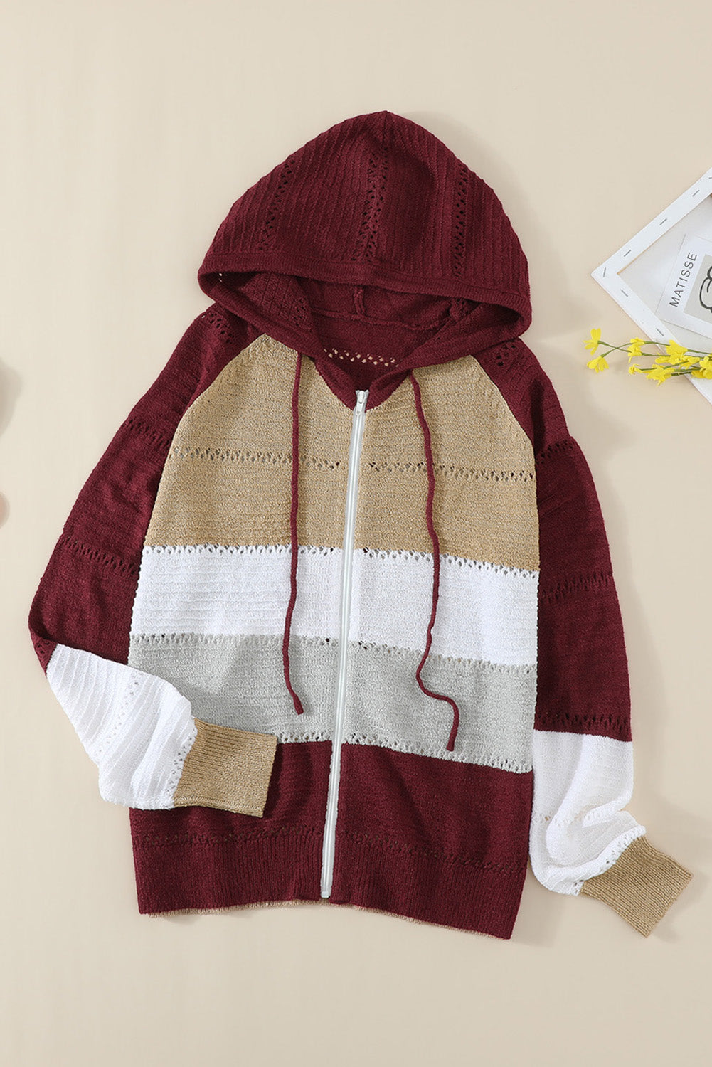 Zipped Front Colorblock Hollow-Out Knit Hoodie