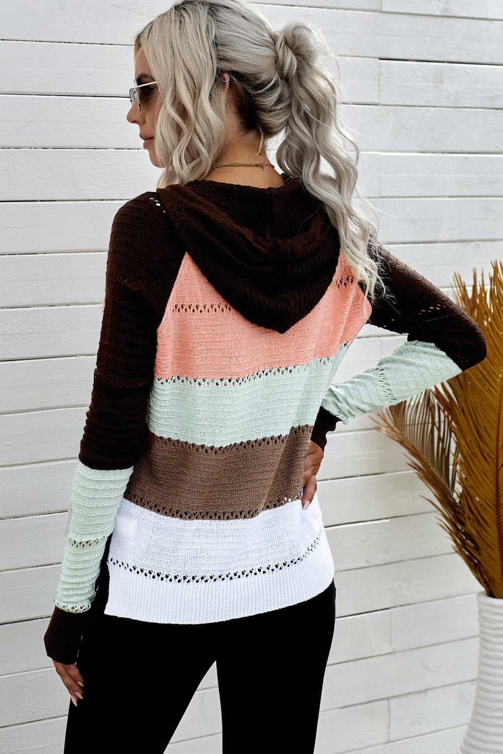 Zipped Front Colorblock Hollow-Out Knit Hoodie