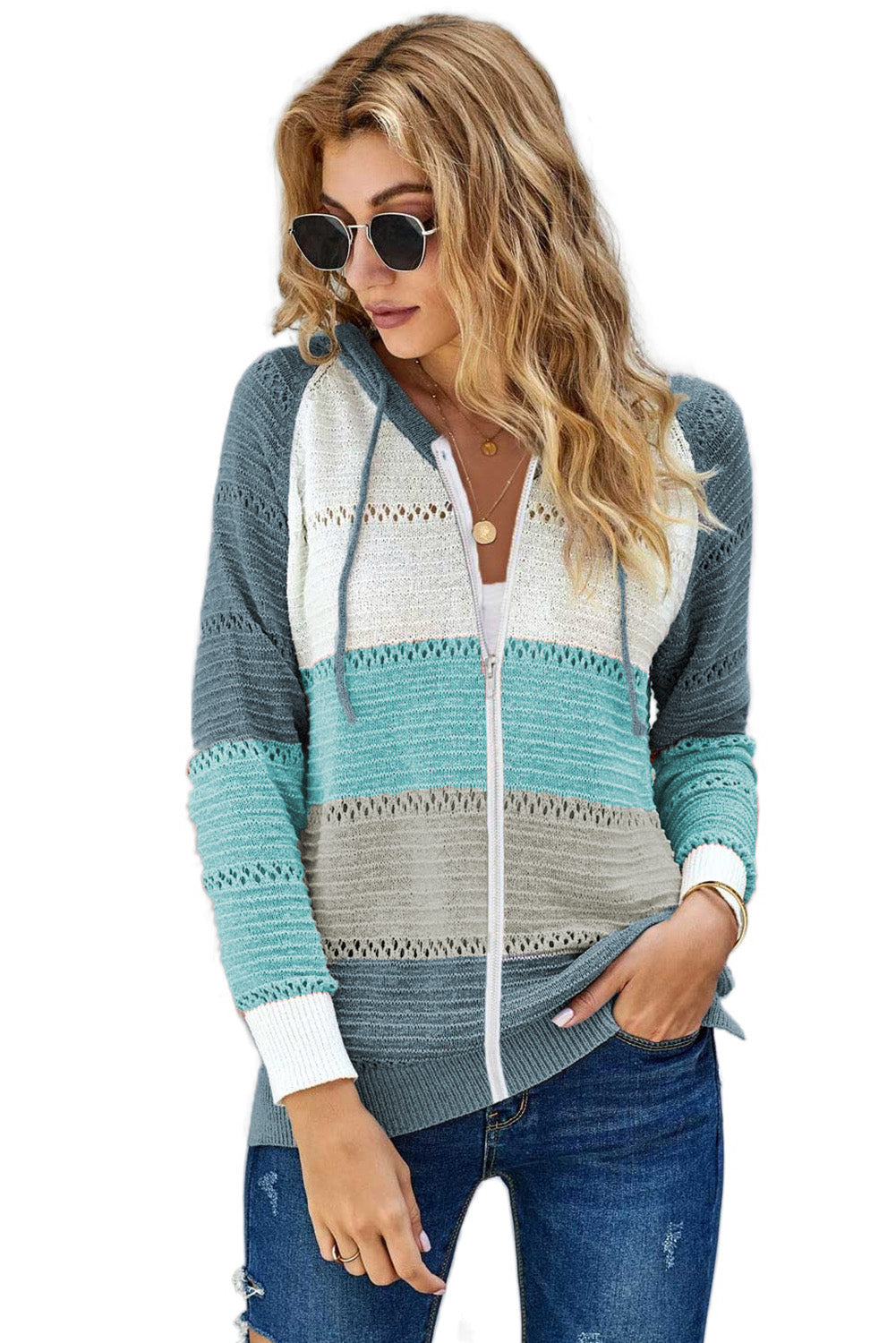 Zipped Front Colorblock Hollow-Out Knit Hoodie