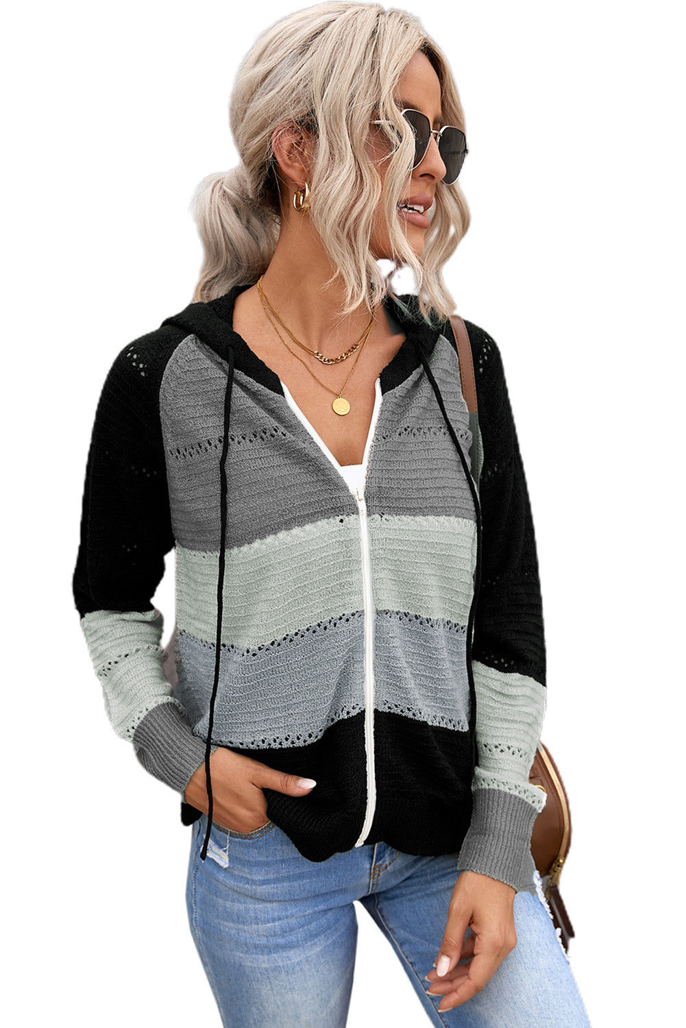 Zipped Front Colorblock Hollow-Out Knit Hoodie