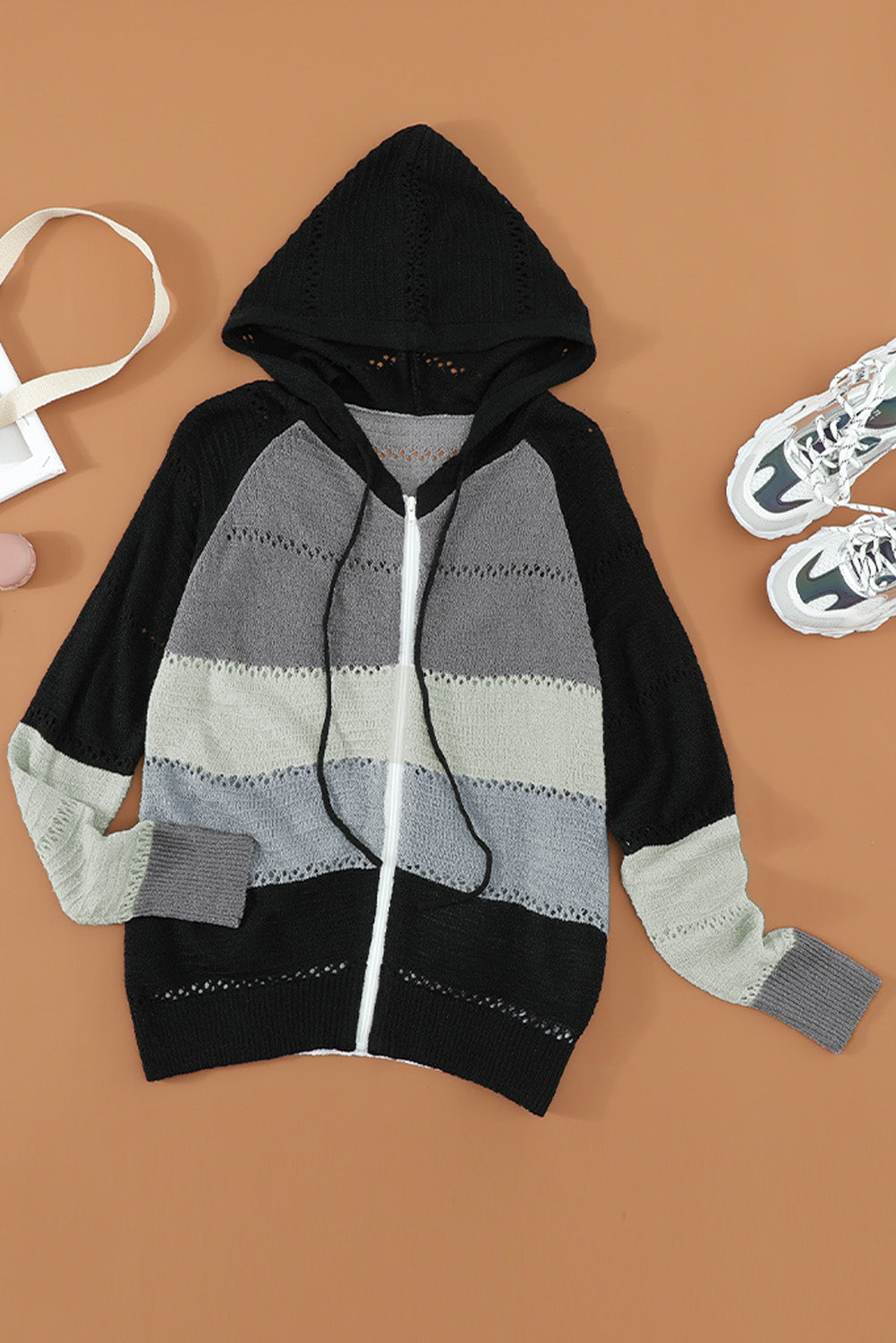 Zipped Front Colorblock Hollow-Out Knit Hoodie