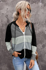 Zipped Front Colorblock Hollow-Out Knit Hoodie