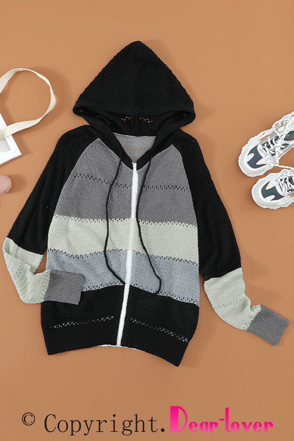 Zipped Front Colorblock Hollow-Out Knit Hoodie