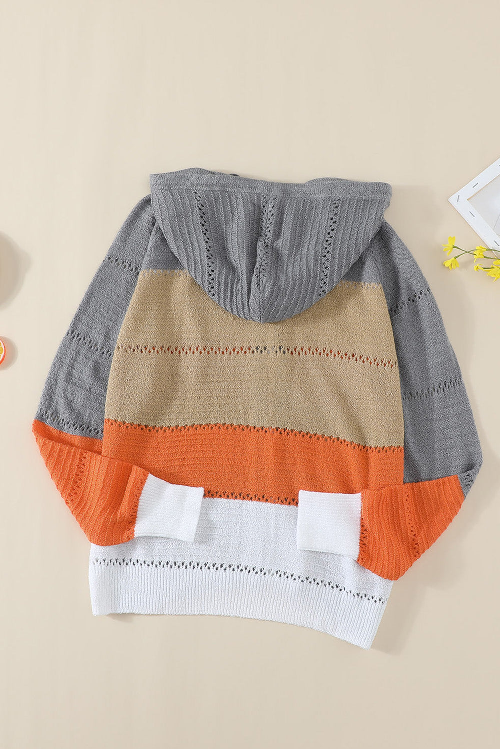 Zipped Front Colorblock Hollow-Out Knit Hoodie