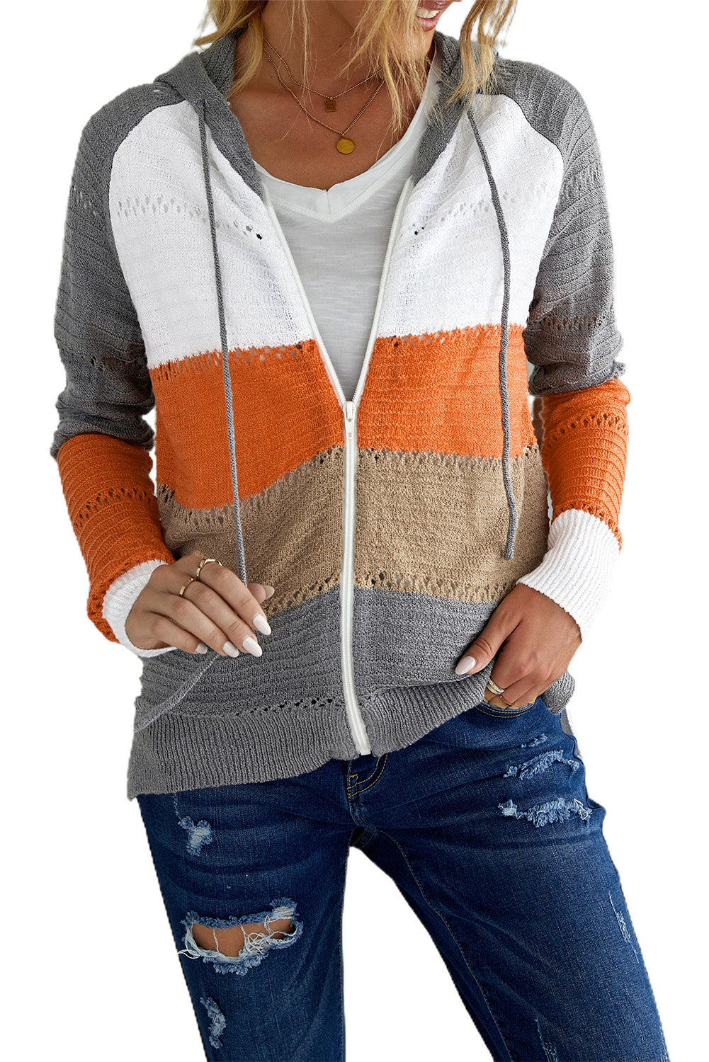 Zipped Front Colorblock Hollow-Out Knit Hoodie