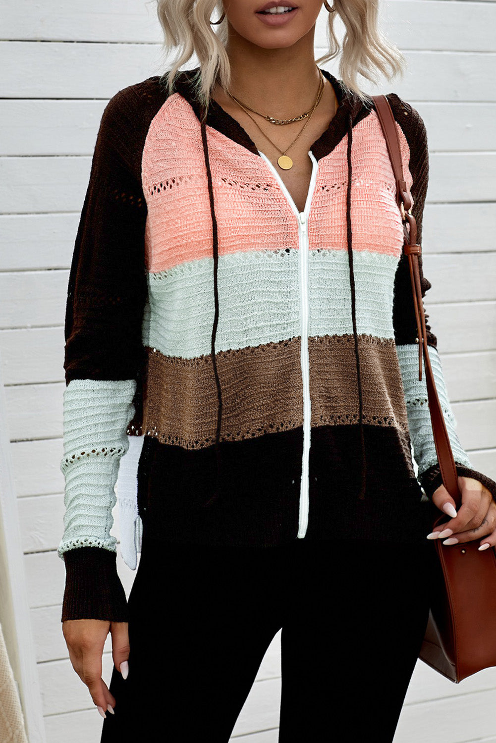 Zipped Front Colorblock Hollow-Out Knit Hoodie