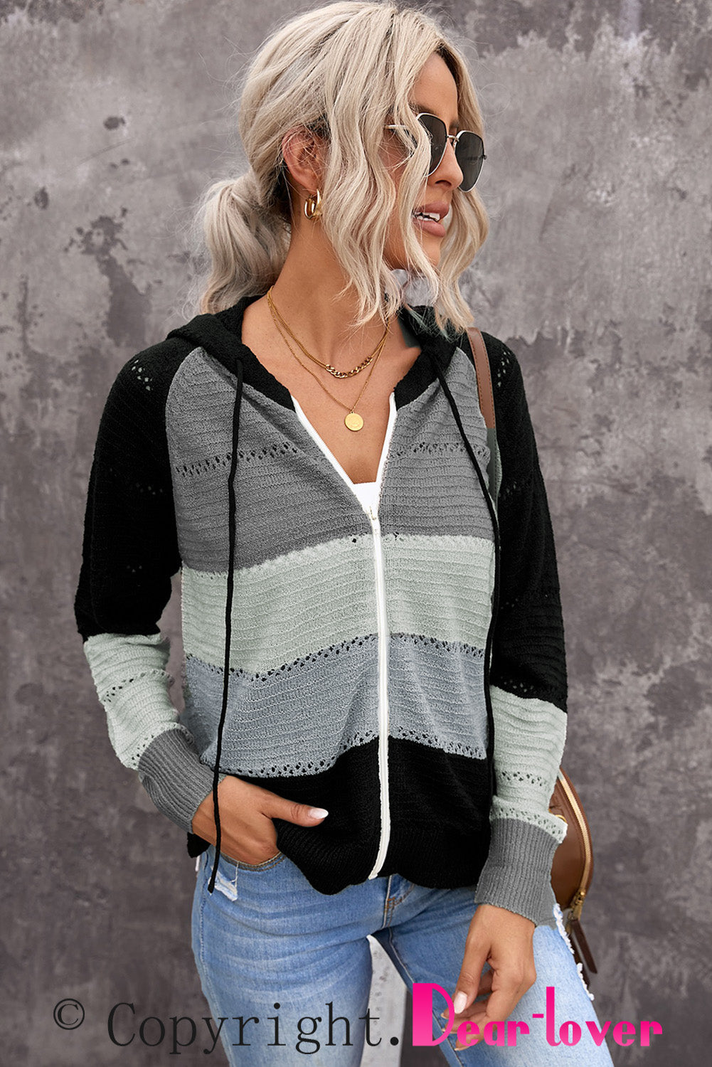 Zipped Front Colorblock Hollow-Out Knit Hoodie