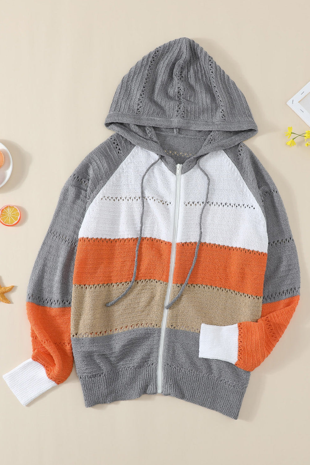 Zipped Front Colorblock Hollow-Out Knit Hoodie