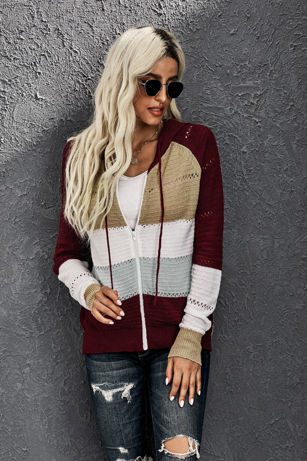 Zipped Front Colorblock Hollow-Out Knit Hoodie