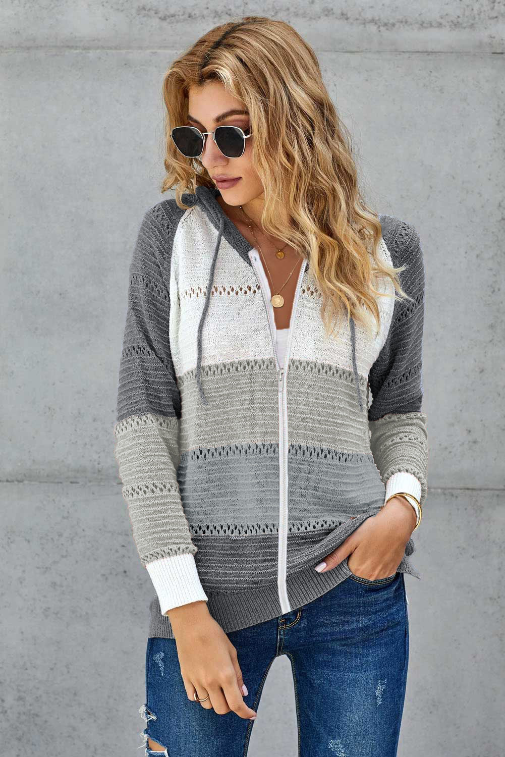 Zipped Front Colorblock Hollow-Out Knit Hoodie