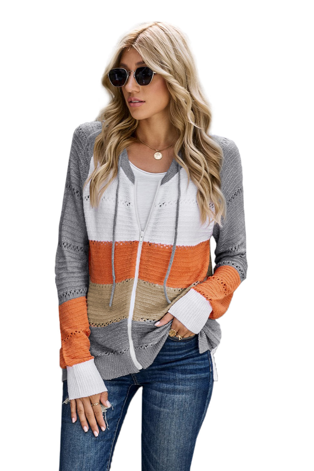 Zipped Front Colorblock Hollow-Out Knit Hoodie