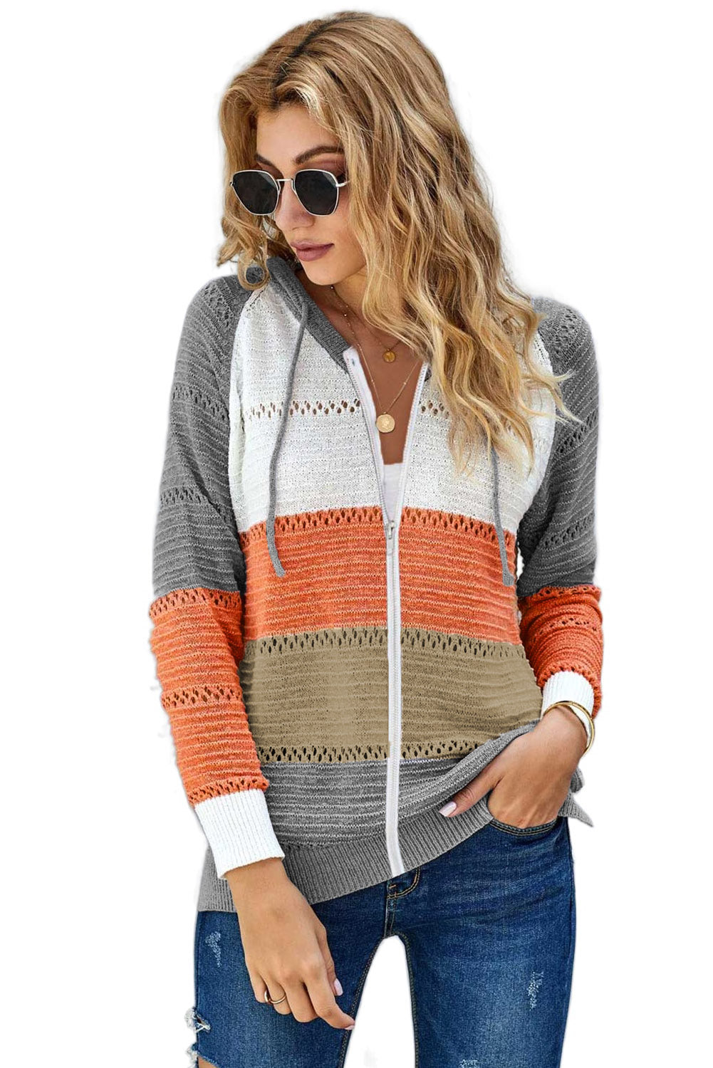 Zipped Front Colorblock Hollow-Out Knit Hoodie