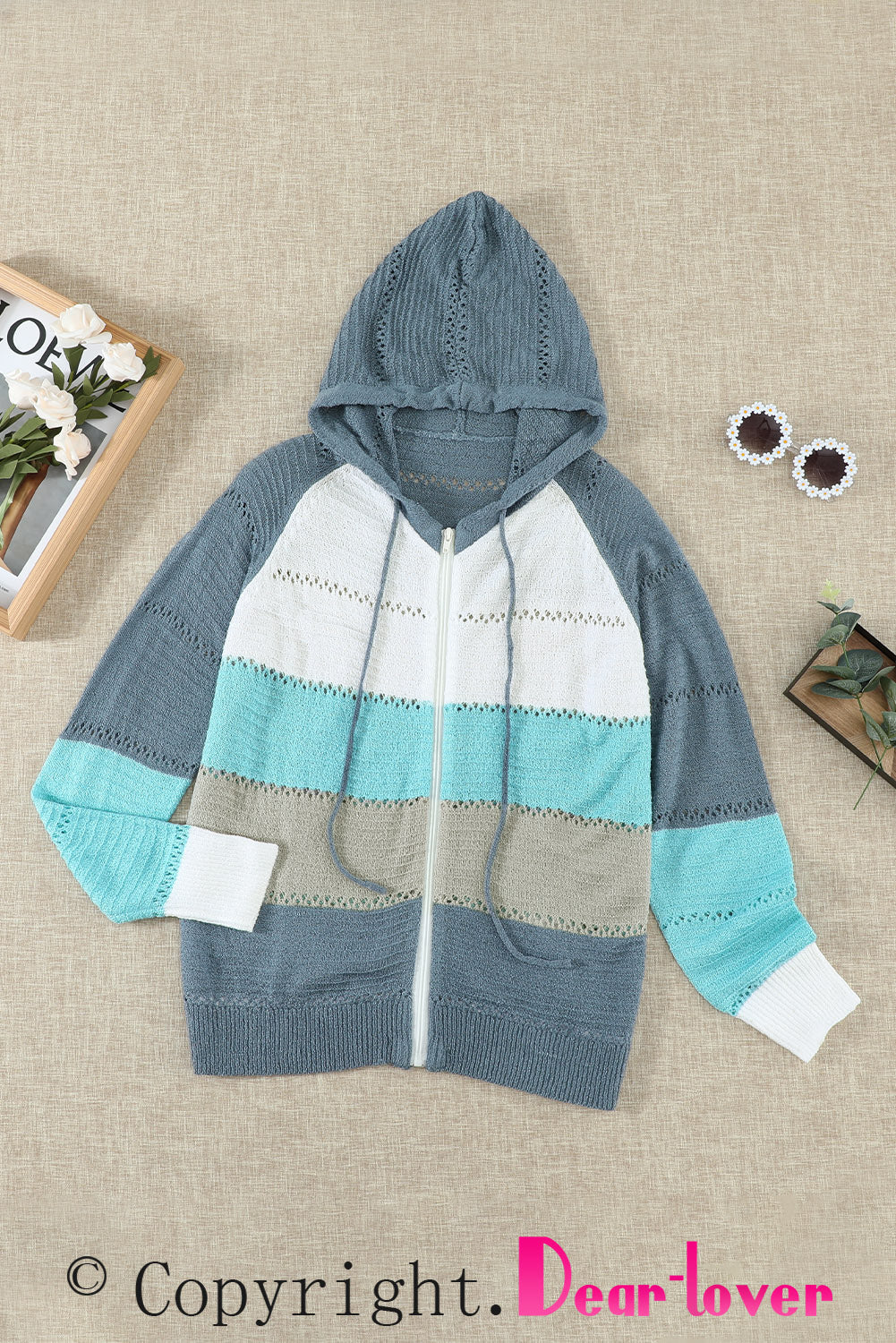 Zipped Front Colorblock Hollow-Out Knit Hoodie