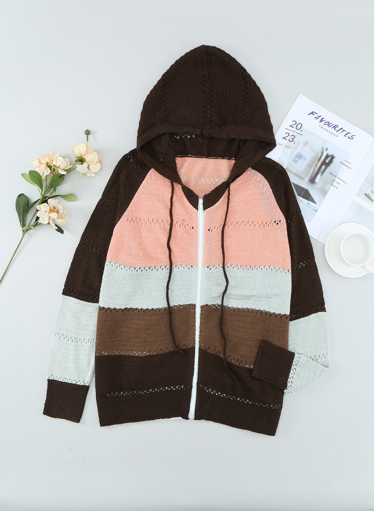 Zipped Front Colorblock Hollow-Out Knit Hoodie