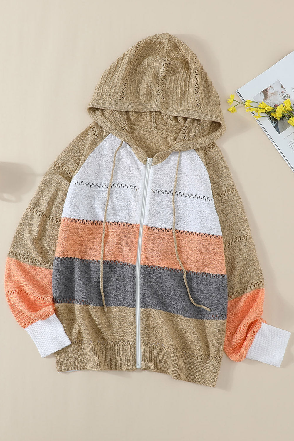 Zipped Front Colorblock Hollow-Out Knit Hoodie