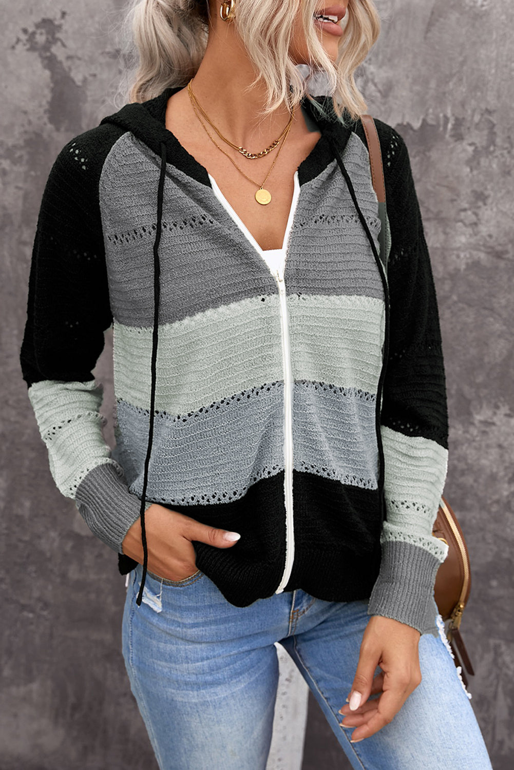 Zipped Front Colorblock Hollow-Out Knit Hoodie