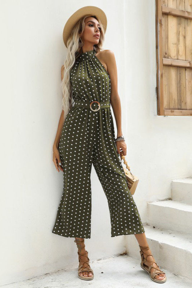 Polka Dots Print Funnel Neck Belted Jumpsuit