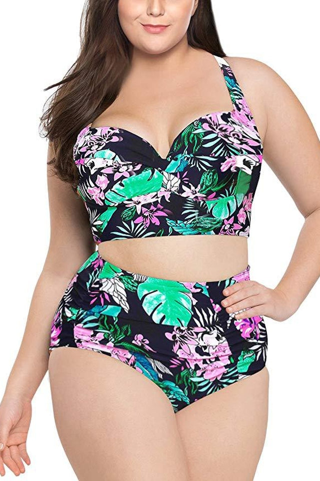 (L-5XL) Tropical Print Bikini Set