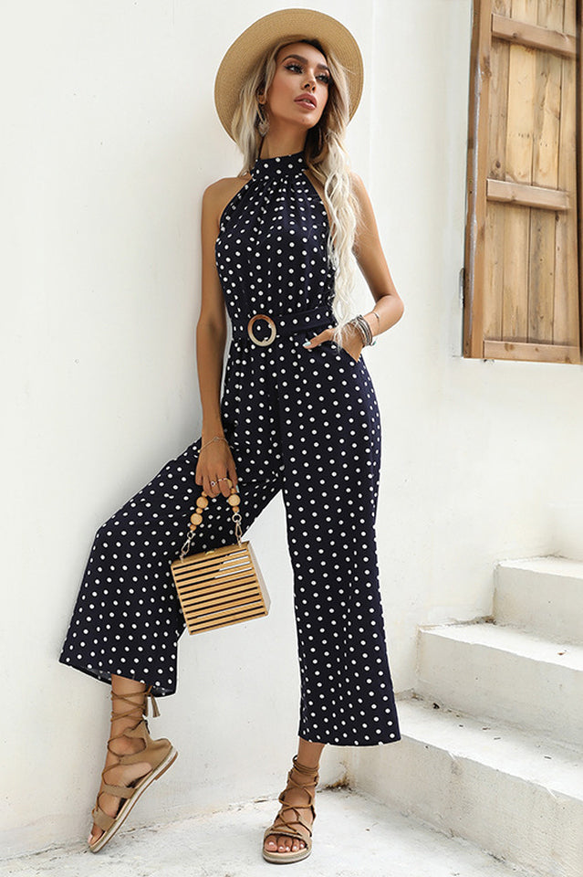 Polka Dots Print Funnel Neck Belted Jumpsuit