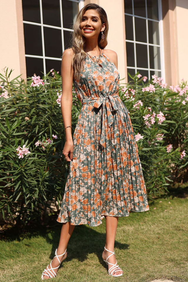 Floral Print Pleated Midi Dress