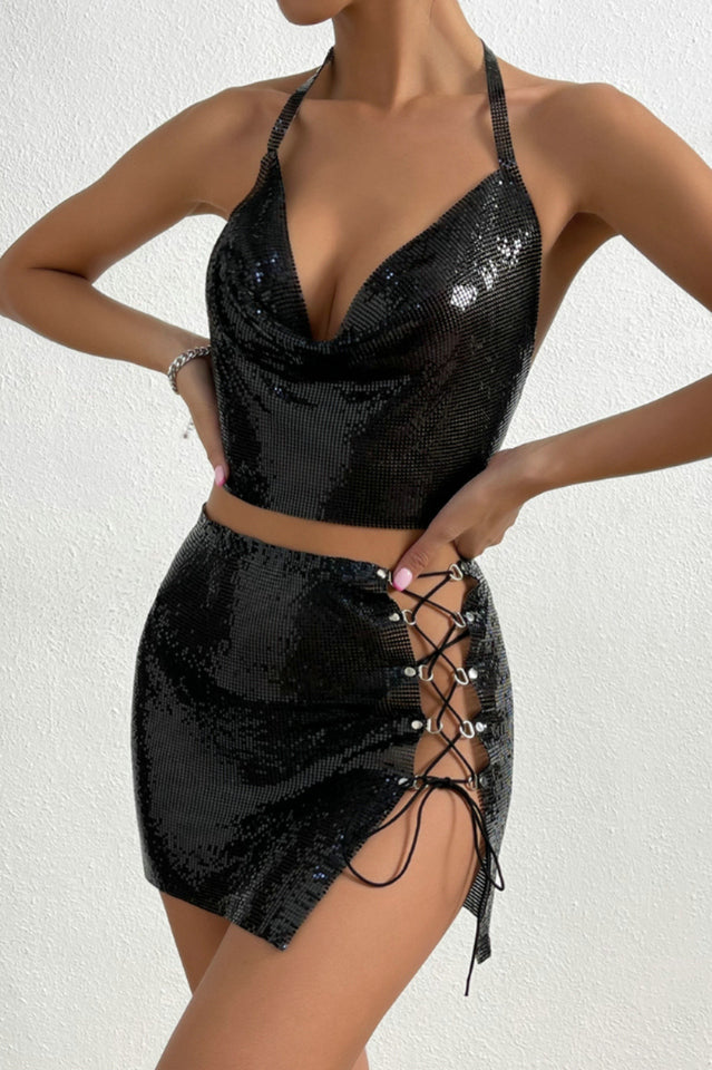 Sequin Tie Back Crop Top + Skirt Set