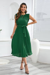 Pleated Hem Belted Midi Dress