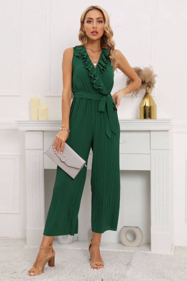 Calf Length Pleated Ruffled Jumpsuit