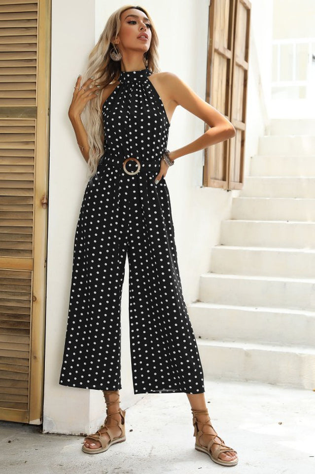 Polka Dots Print Funnel Neck Belted Jumpsuit